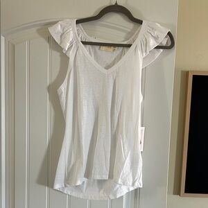 Nation LA Women's White V-Neck Ruffle Sleeve Tank Top